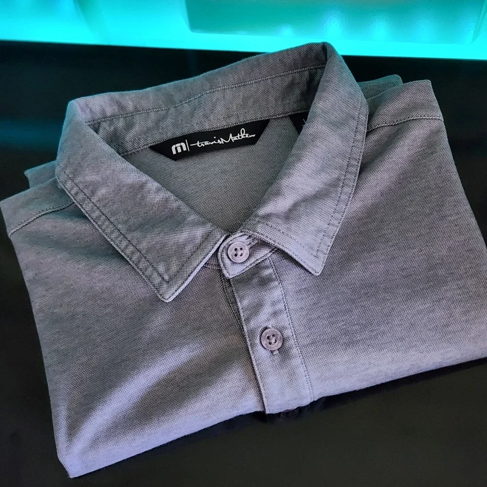 TravisMathew Polo Shirt Mens Large Grey Pima Cotton Barclay Logo Excellent